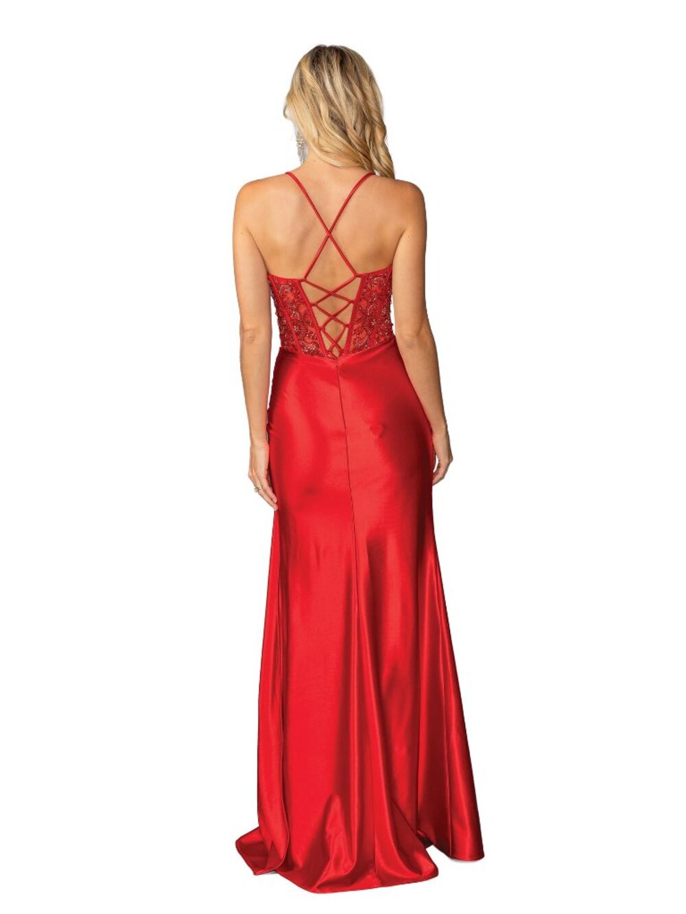NEW RED Beaded Spaghetti Strap Prom Gown Floor Length With Slit 4439